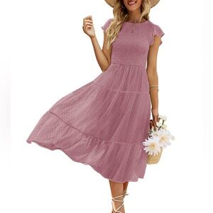 Merokeety Dusty Mauve Swiss Dot Smocked Tiered Dress Flutter Sleeve Cottagecore